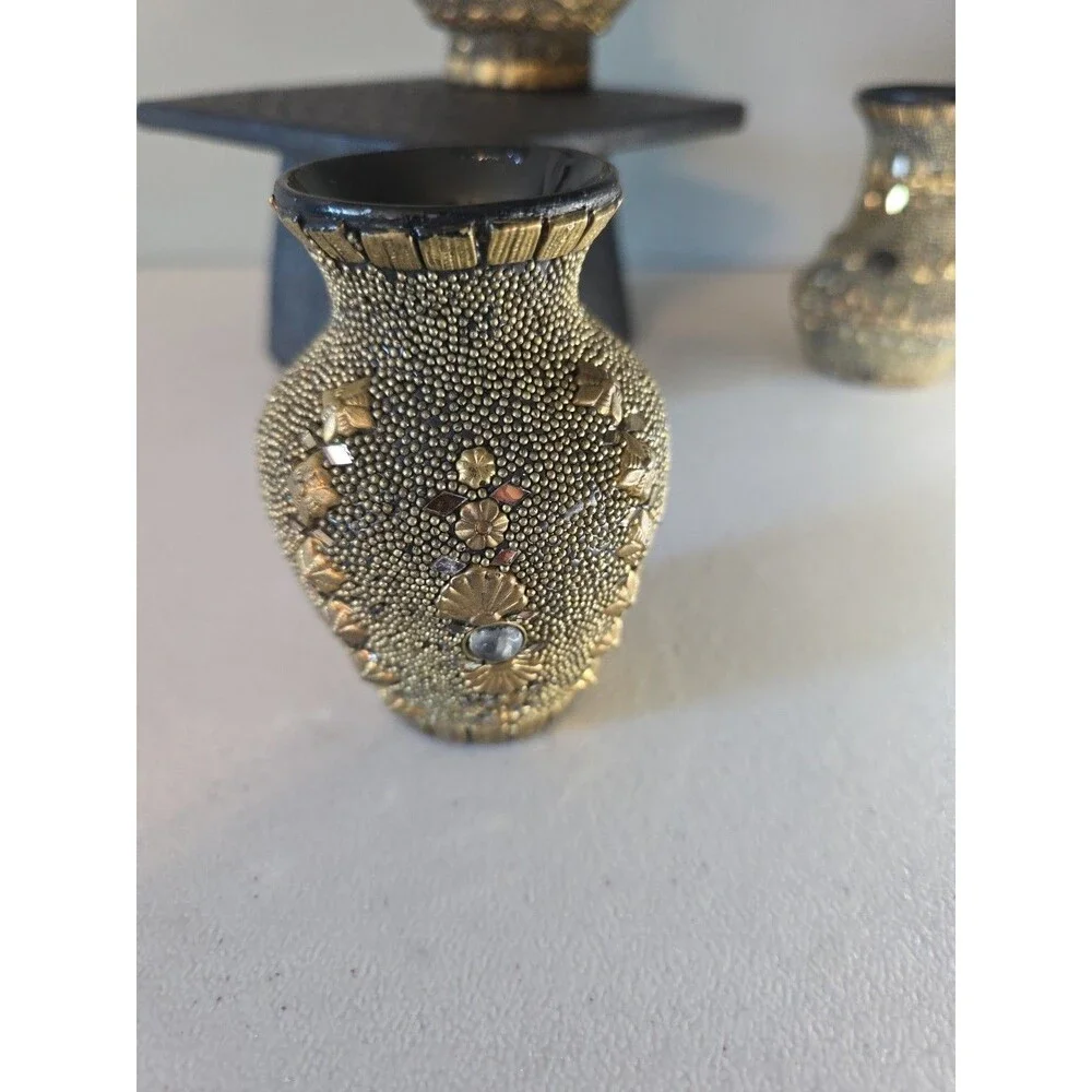 Set Of 3 Vtg Ceramic Bud Vases Hand Decorated w/ Beads, Mirrors, Natural Stones
